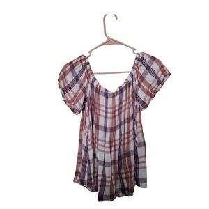 Express Plaid Blouse Womens Medium Pink Purple Off the Shoulder Puff Sleeve Top